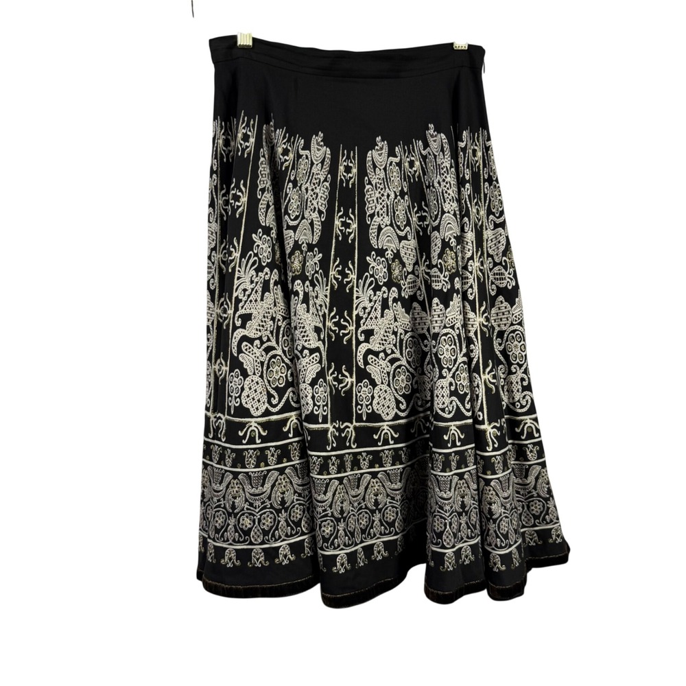 Caroll Paris Made in France Black White Midi Skirt Velvet Trim Cotton 36 Small